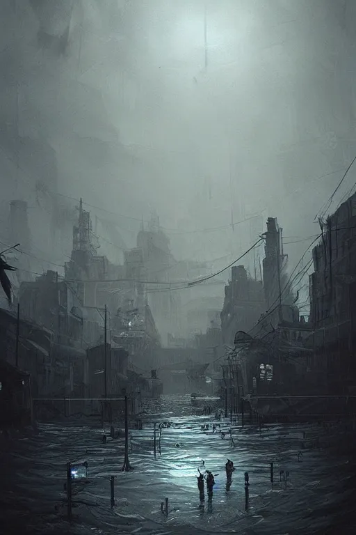 Image similar to sinking city, flood, lovecraftian, chaos, digital art, in the style of greg rutkowski, trending on artstation