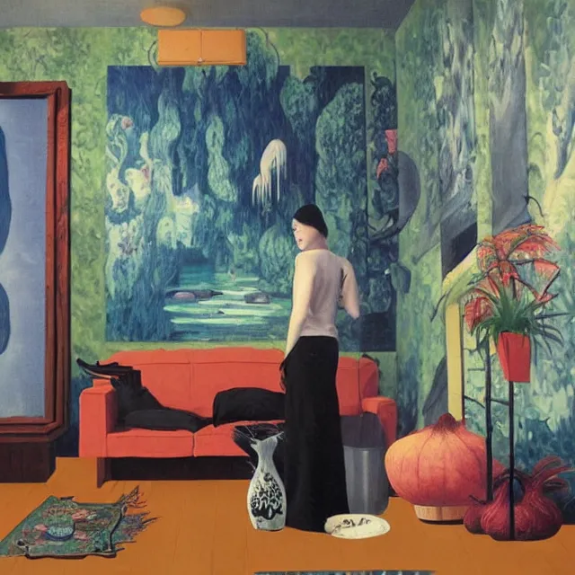 Image similar to tall emo artist in her flooded apartment, painting of flood waters inside an artist's home, a river flooding indoors, pomegranates, pigs, ikebana, zen, water, octopus, river, rapids, waterfall, black swans, canoe, berries, acrylic on canvas, surrealist, by magritte and monet