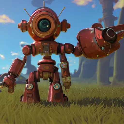 Image similar to a cute rusty robot in breath of the wild, anime, 3 d render, octane