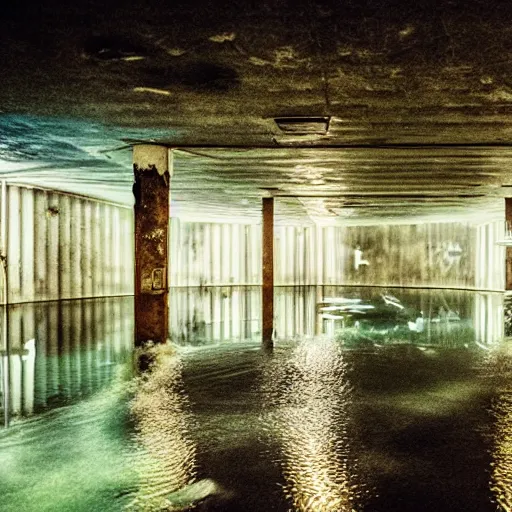 Image similar to flooded abandoned underground waterpark, liminal space, dark, eerie, creepy, dark lighting, liminal,