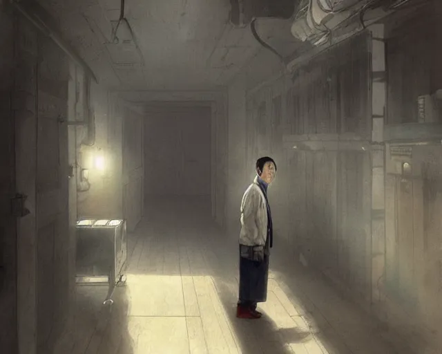 Prompt: a 50 year old brunnete chinese man standing in a morgue funereal next to the grim reaper, horror scene, dramatic, anime art, Greg Rutkowski, studio ghibli, dramatic lighting