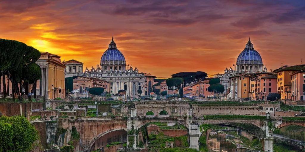 Image similar to sunset on rome, tetrachromacy, realistic photo, landscape