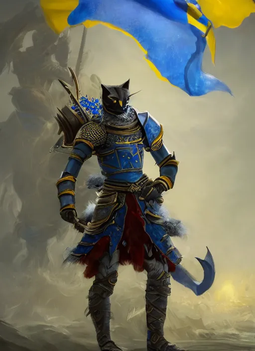 Image similar to An epic fantasy painting of a cat knight with Ukrainian blue and yellow flag, unreal engine, DAZ, hyperrealistic, octane render, cosplay, RPG portrait, dynamic lighting, trending on ArtStation