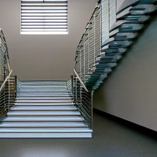 Prompt: liminal staircase in the middle of a long hallway, shallow blue water