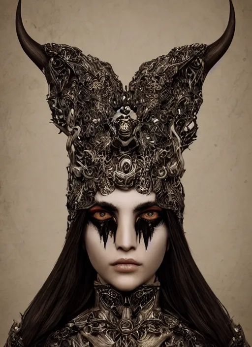 Prompt: a portrait of female by nekro borja, photorealistic, intricate details, hyper realistic, fantasy, elegant, baroque, horn, ram skull headpiece, photorealistic, photography, symmetrical features, symmetrical pose, wearable art, unreal engine,