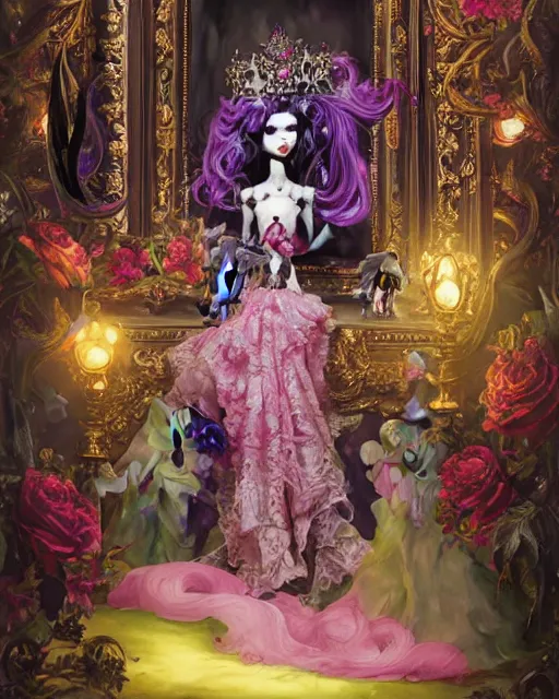 Prompt: maximalist baroque bedazzled gothic royalty frames surrounding a watercolor portrait of maximalist monster high draculaura doll, stephen bliss, unreal engine, by greg rutkowski, loish, rhads, makoto shinkai and lois van baarle, ilya kuvshinov, rossdraws, global illumination, radiant light, detailed and intricate environment, watercolor lighting