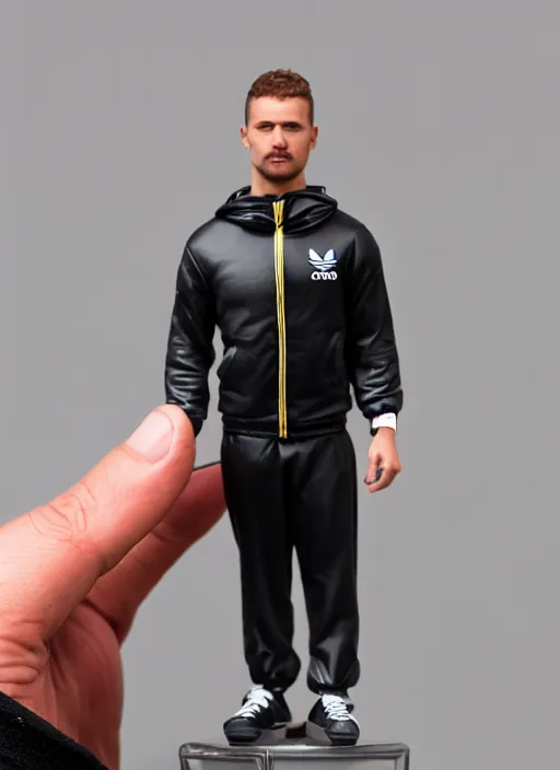 Image similar to 80mm resin detailed miniature of drunk man in black Adidas tracksuit holding knife, Product Introduction Photos, 4K, Full body