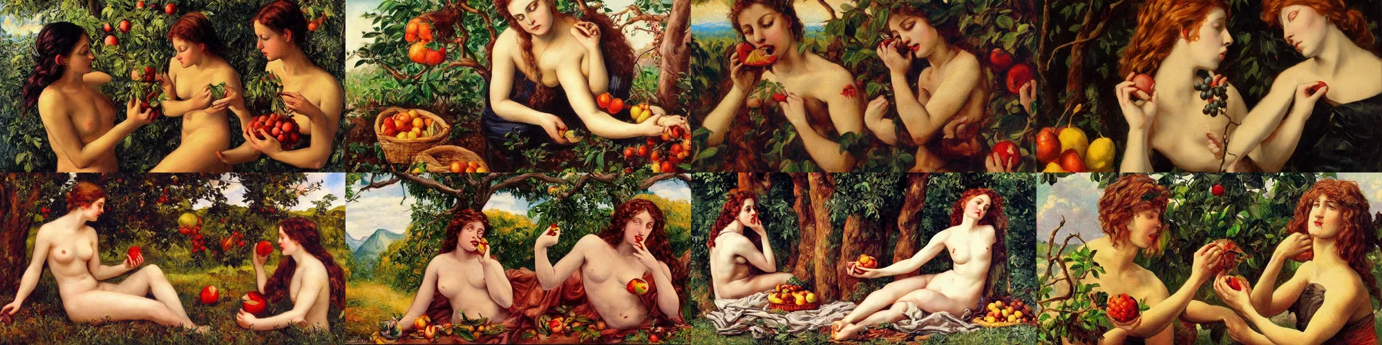 Prompt: painting of Eve eating the forbidden fruit painted in 1897, high quality, highly detailed, coherent, beautiful scenery, cinematic, dramatic