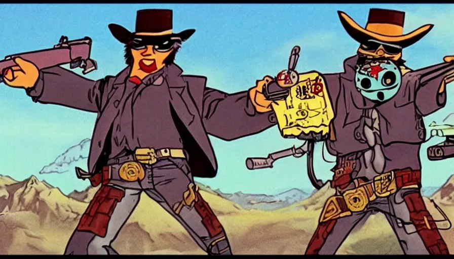 Image similar to saturday morning cartoon show about an wild west owl dressed up as a gunslinger vigilante with a eye mask, screenshot from 1990s animated show