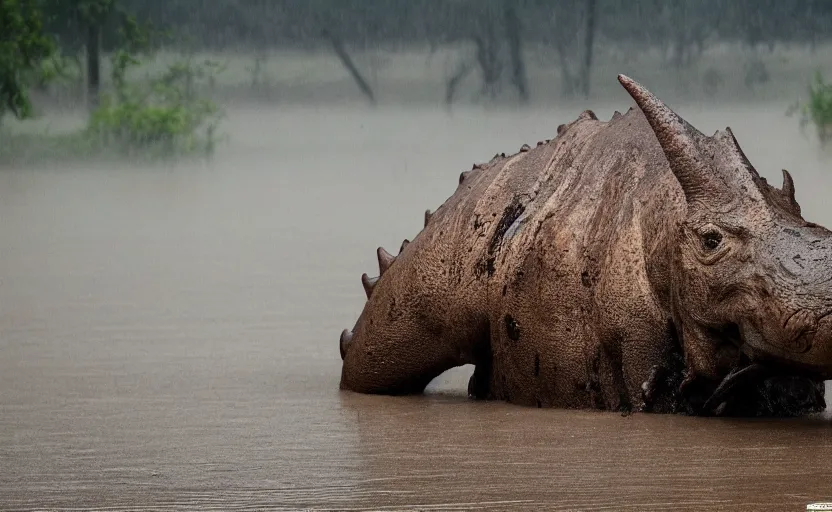 Image similar to nature photography of a rain soaked triceratops in flood waters, african savannah, rainfall, muddy embankment, fog, digital photograph, award winning, 5 0 mm, telephoto lens, national geographic, large eyes