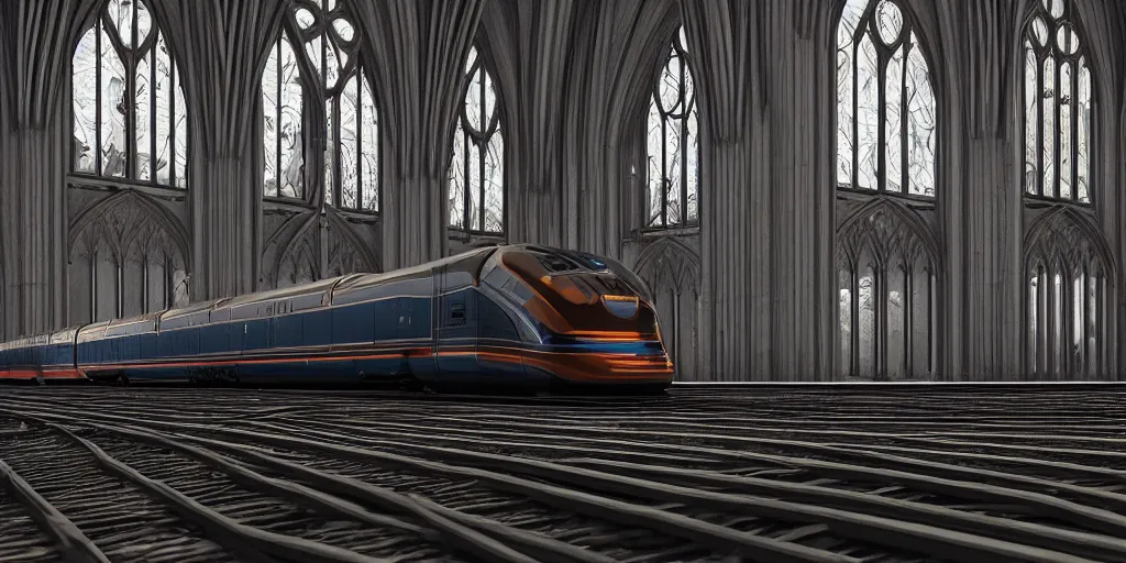 Image similar to streamline train that looks like gothic cathedral church, warhammer emperium style, gothic locomotive, art Deco, retro, steel gothic streamline style, octane render