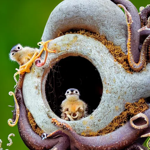 Image similar to Cuckoo chicks in nest being fed by an octopus national geographic photography