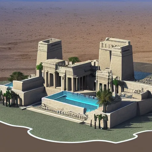 Image similar to world's largest private residence, located in the midst of the nevadan desert, inspired by the architecture of the ancient egyptian temples, trending on artstation, unsplash, overhead view!!!!!, cgsociety contest winner, 4 k photorealism, 4 k quality