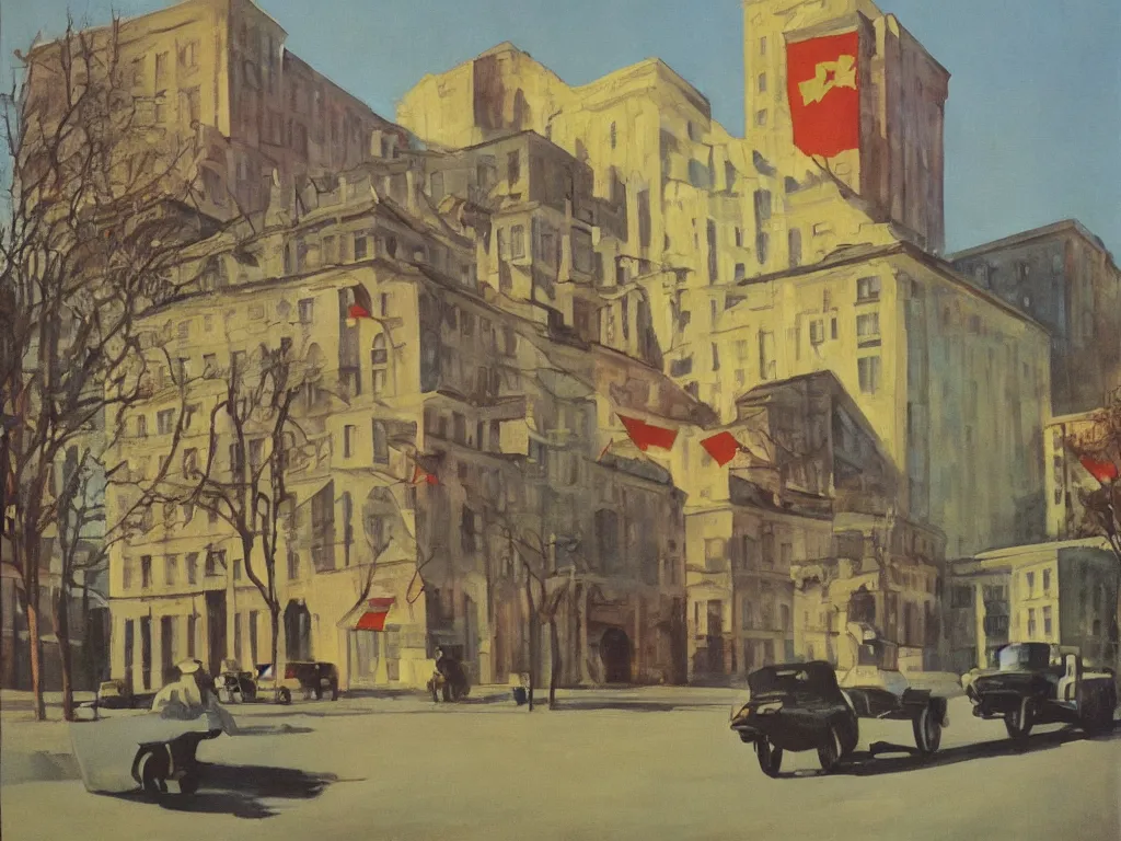 Image similar to headquarters of transylvanian software company in communist times. painting by hopper