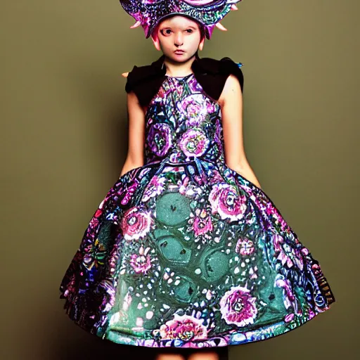 Prompt: ornate scifi cyber royal headgear, floral patterned dress, fantastical teen girl esoteric fashion zine