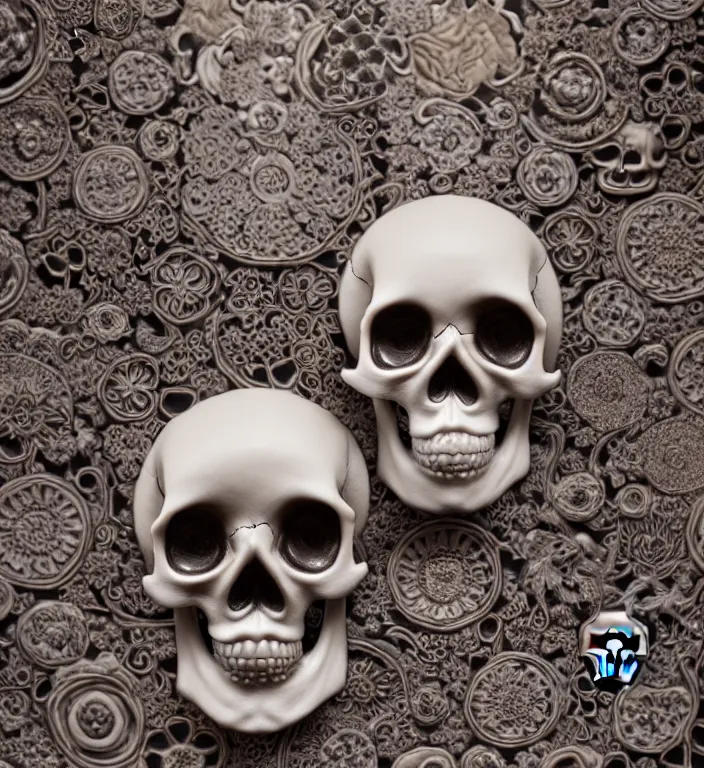 Image similar to Skull, A Close up photo-real delicate ceramic porcelain sculpture of a symmetrical ornate detailed in front of an intricate background by Victo Ngai and takato yamamoto, micro detail, backlit lighting, face in focus, subsurface scattering, translucent, thin porcelain, octane renderer, colorful, physically based rendering, japanese pottery, trending on cgsociety