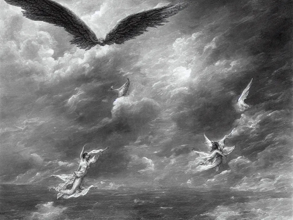 Prompt: seraphim angel in the sky flying on the sea painted by gustave dore
