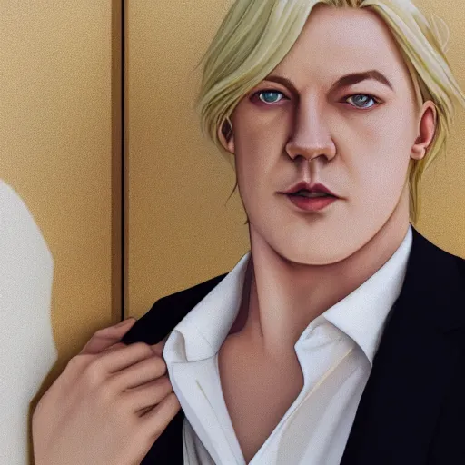 Image similar to portrait of the immensely handsome bodybuilder Stephen Fry with beautiful long pale blond hair, albino white pale skin, posing for a photoshoot in the golden hour, white dress shirt open at the chest, broad shoulders and huge thick arms, ambient lighting, 4k, anime key visual, lois van baarle, ilya kuvshinov, rossdraws, artstation