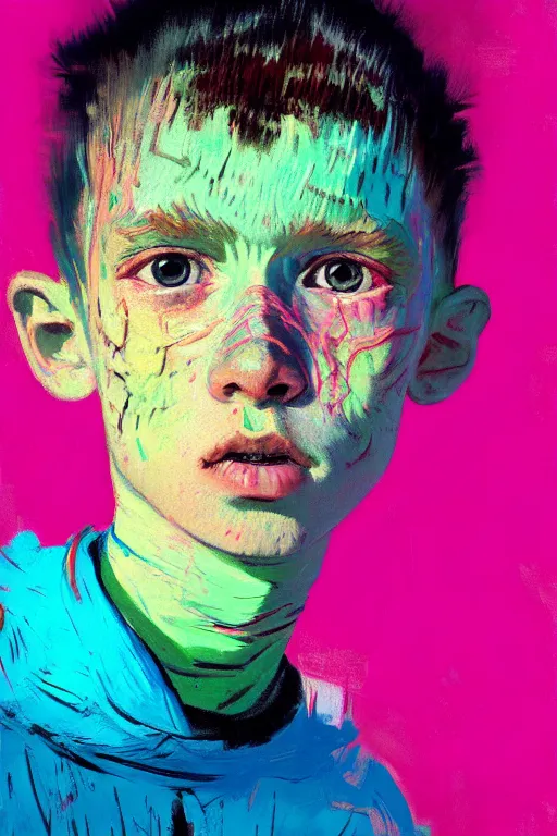 Prompt: portrait of a young boy nor living not death in a postapoliptic forgotten world, in the colors hot pink and cyan, beautiful face, rule of thirds, complex outfit, spotlight, by greg rutkowski, by jeremy mann, by francoise nielly, by van gogh, digital painting