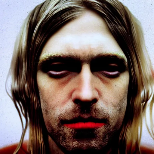 Image similar to colour masterpiece surreal closeup portrait photography of kurt cobain by miho hirano and annie leibovitz and michael cheval, smoke background, 8 k