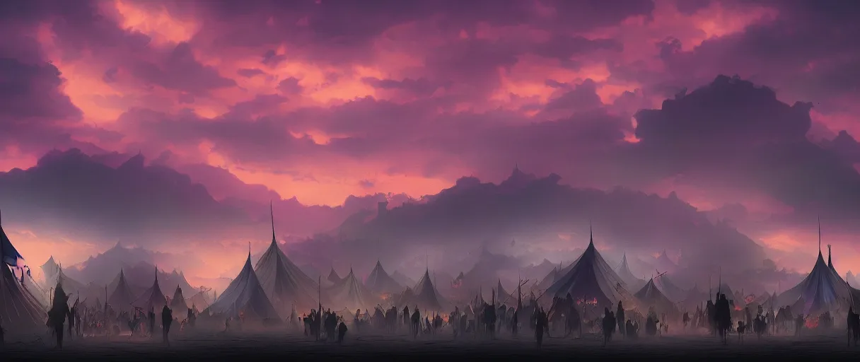 Prompt: beautiful matte painting silhouette of dark colorfull evil circus tents and carnival, dramatic sky, Moebius, frank frazetta, james gurney, thomas kinkade, rodney mathews, beeple, trending on artstation