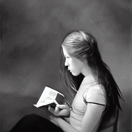 Image similar to a girl reading a book, hair flowing down, by jeff bridges