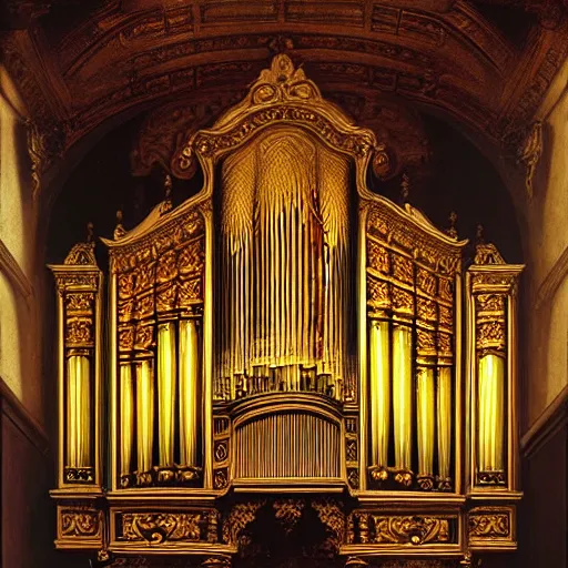 Image similar to pipe organ intricately carved from dark smoke, high detail baroque oil painting, golden ratio, volumetric light, godrays, alan lee, caravaggio, michelangelo