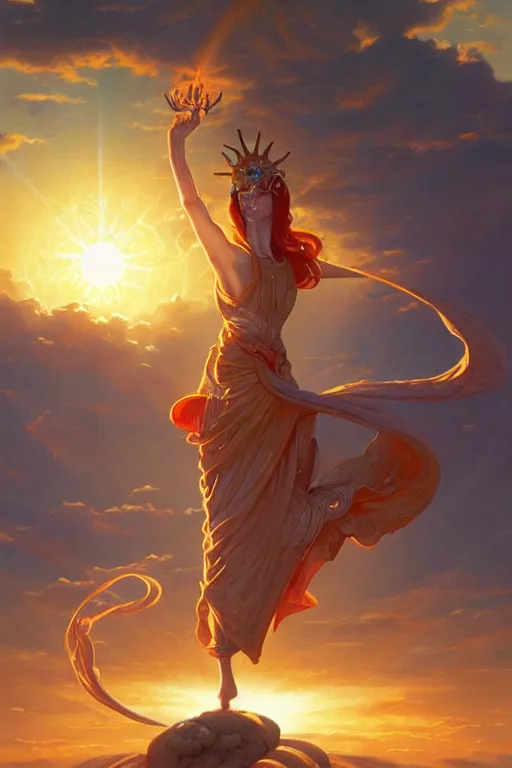 Image similar to the high Priestess of the sun god greets the rising sun, 8k resolution digital painting by Michael Whelan and Peter Mohrbacher, cinematic morning light