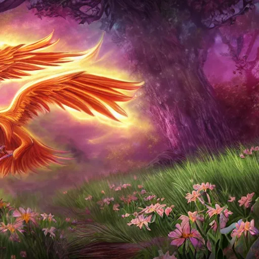 Prompt: a phoenix in a forest, surrounded by a patch of grass and flowers that aren't being burnt, hd, fantasy, ethereal fantasy hyperdetailed. anime