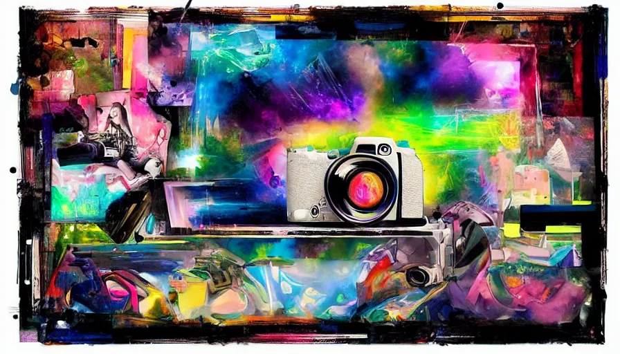 Prompt: DSLR camera graphic, acrylic airbrush collage-painting by Jules Julien, Leslie David and Lisa Frank, muted colors with predominant white background minimalism, neon color mixed media painterly details, neo-classical composition, rule of thirds, design tension, impactful graphic design