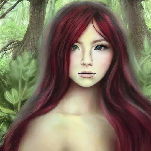 Image similar to “portrait of sensual fairy, redhair, long hair, magical forest, detailed face, artwork”