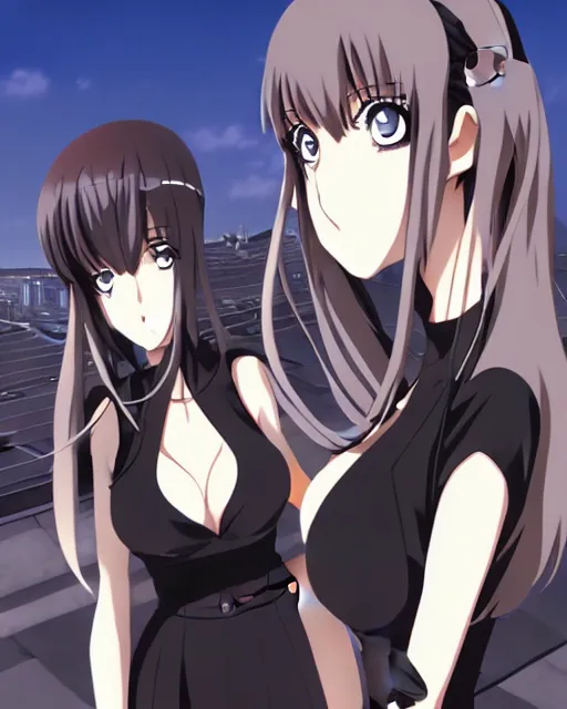 Image similar to anime woman, black dress, rooftop party, symmetrical faces and eyes symmetrical body, middle shot waist up, airplane hanger background, Madhouse anime studios, Black Lagoon, Wit studio anime, romantic lighting, 2D animation