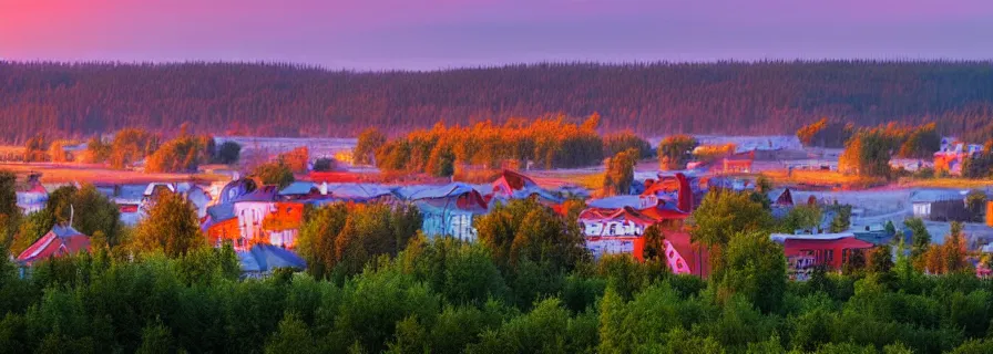 Image similar to view on sleeping district in province russian town at morning sunrise, romantic lighting, squared buildings, trees