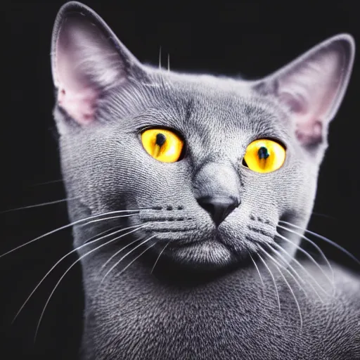 Image similar to photograph of a Russian Blue cat with amber eyes wearing a top hat, intricate detail, kodak 2383 vision color, god rays, depth of field, award winning photography, 4k, hd