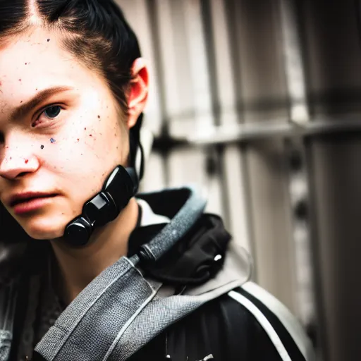 Image similar to candid photographic portrait of a techwear mixed young woman inside a hidden busy speakeasy, closeup, sigma 85mm f/1.4, 4k, depth of field, high resolution, 4k, 8k, hd, full color