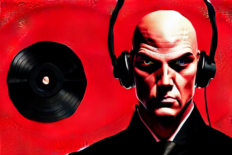 Image similar to an expressive portrait of agent 4 7 from hitman wearing headphones standing in front of a wall of vinyl records, speakers and cables, dark background, red rim light, digital art, artstation, concept art by giger stalenhag