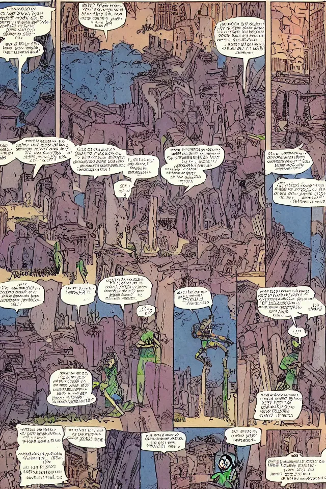 Image similar to comicpage with panels and speech balloon by Moebius showing the fall of the city of Babylon