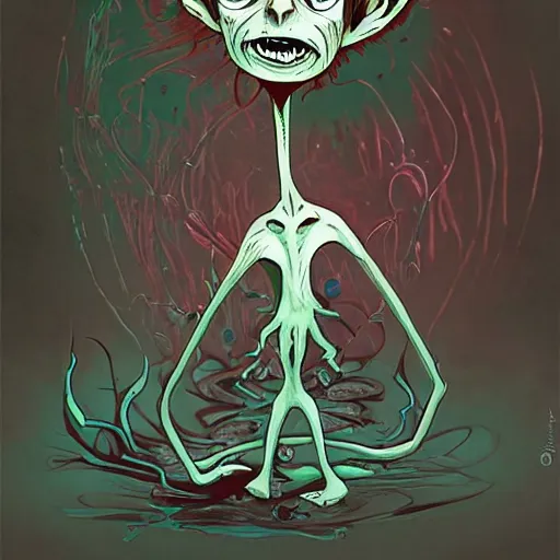 Image similar to Tim Burton style Gollum by Alex Pardee and Nekro and Petros Afshar, and James McDermott,unstirred paint, vivid color, cgsociety 4K