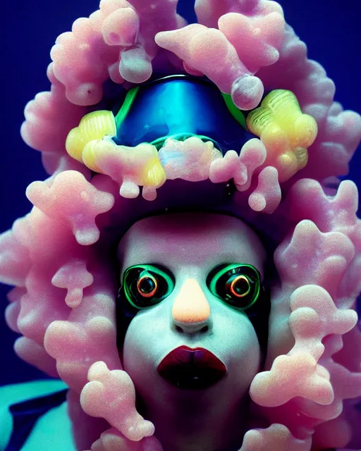 Prompt: natural light, soft focus portrait of a cyberpunk anthropomorphic clown fish with soft synthetic pink skin, blue bioluminescent plastics, smooth shiny metal, elaborate ornate head piece, piercings, skin textures, by annie leibovitz, paul lehr