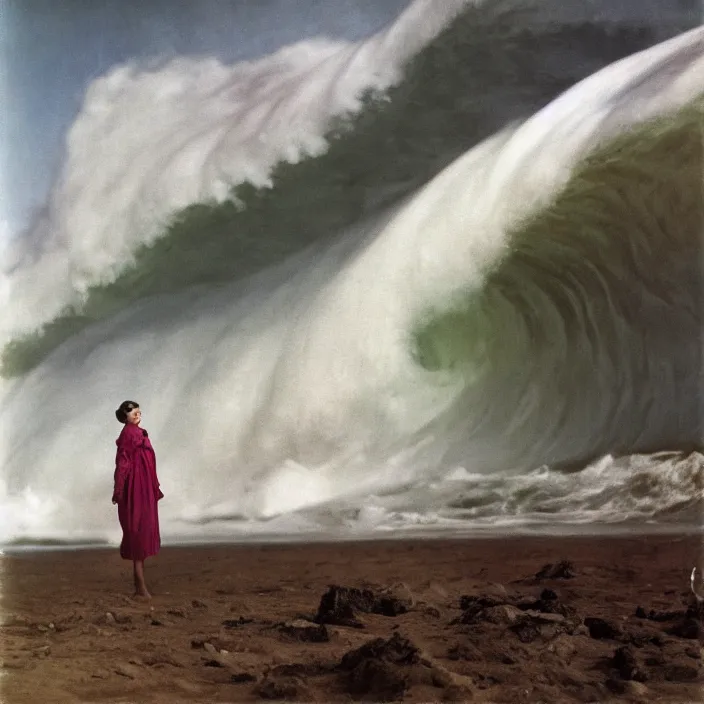 Prompt: a woman wearing wrapped in plastic, standing in front of a giant tsunami wave, color photograph, by john singer sargent, canon eos c 3 0 0, ƒ 1. 8, 3 5 mm, 8 k, medium - format print