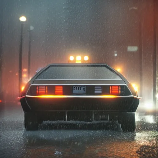 Image similar to hyperdetailed, photorealistic photograph of a dmc 1 2 delorean driving in the streets, rain, night, dense fog, hd, unreal engine 5