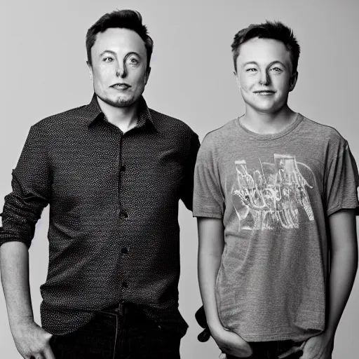 Image similar to A portrait photo of Elon Musk teams up with a teenage Elon Musk, perfect faces, 50 mm, award winning photography