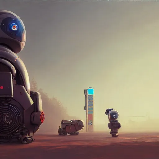 Image similar to viktor orban protecting people from robots in a painting from stalenhag, 4 k, 8 k, hdr, artstation, concept art