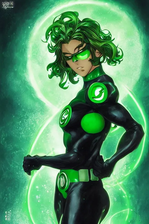 Image similar to anime key visual of a beautiful young female green lantern!! intricate, green and black suit, glowing, powers, dc comics, cinematic, stunning, highly detailed, digital painting, artstation, smooth, hard focus, illustration, art by artgerm and greg rutkowski and alphonse mucha