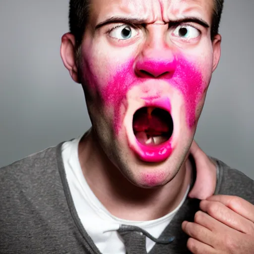 Prompt: a stock photo of an extremely angry pink - faced man