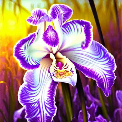 Prompt: white holographic orchid iris hybrid flower surrounded by lsd dew drops on petals, backlit, sunset, refracted lighting, photorealistic, soft, sharp focus, art by collier, albert aublet, krenz cushart, artem demura, alphonse mucha