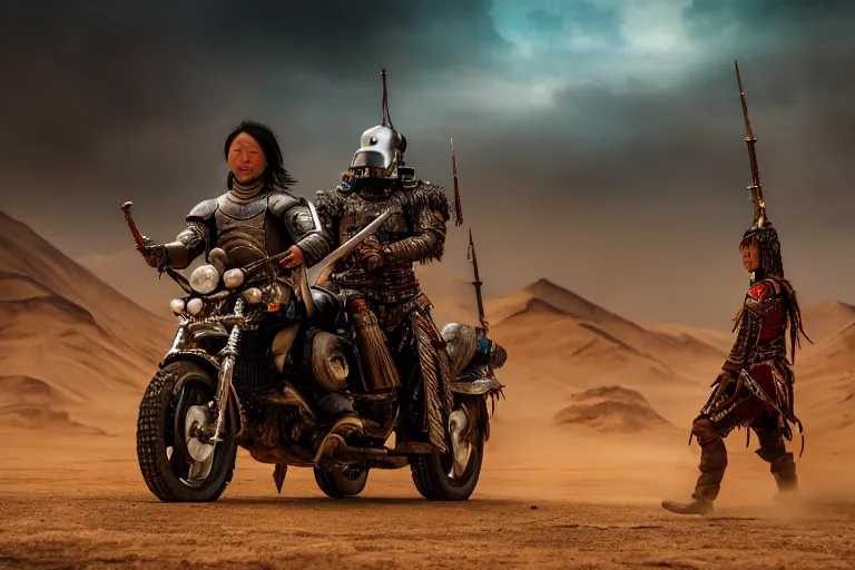 Image similar to vfx film closeup, futuristic mongolian biker warriors, sci - fi mongolian village, robot stand - off, flat color profile low - key lighting award winning photography arri alexa cinematography, hyper real photorealistic cinematic, atmospheric cool colorgrade