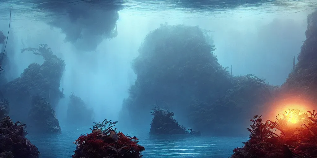 Image similar to screenshot from a movie, epic matte painting of the under water jungle of the damned, cinematic cinematography masterpiece, greg rutkowski, and ivan aivazovski, roger deakins