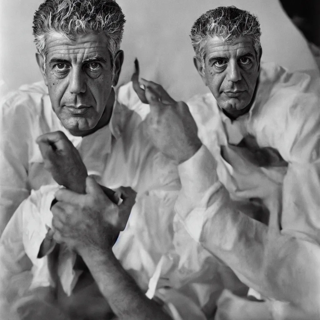 Prompt: portrait of Anthony Bourdain by Yousuf Karsh, 50mm, pentax, film