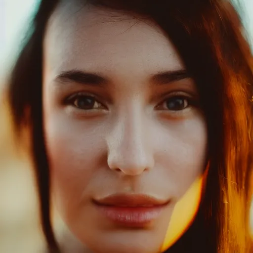 Image similar to closeup photo of a beautiful woman face, golden hour, bokeh, 8 0 mm lens, polaroid